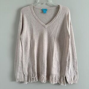 Two Bees Cashmere Womens Beige V-Neck Fringe Boho Pullover Sweater Large